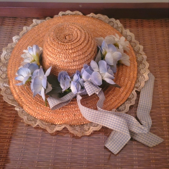 Vintage Woven Doll Hat W/ Ribbon & Flower Hat Band - Picture 2 of 7